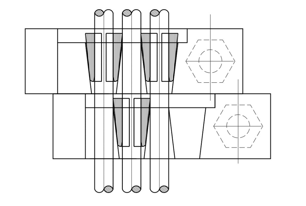 Multi-Cable Lock-Off anchor cross section that shows how it functions to secure multiple cables